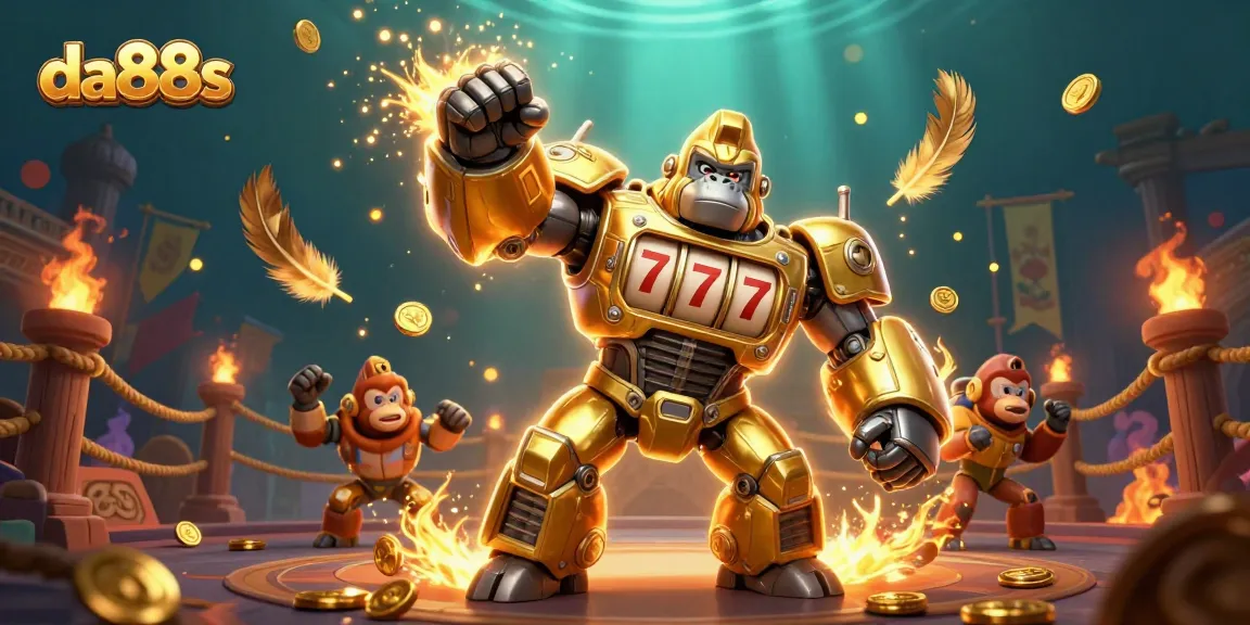Experience thrilling gaming action with da88s, featuring a golden gorilla mech and dynamic casino elements.