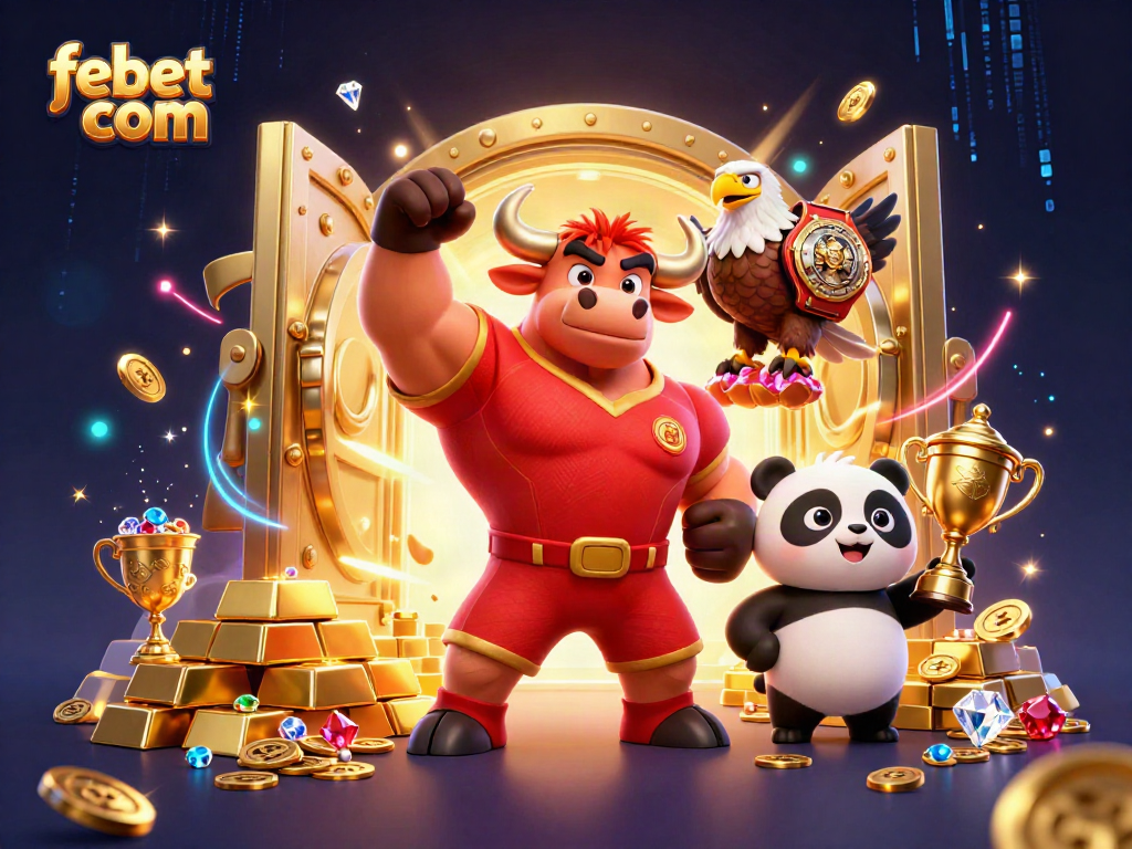 Experience the excitement of febet com with a dynamic casino scene featuring champions and treasures.