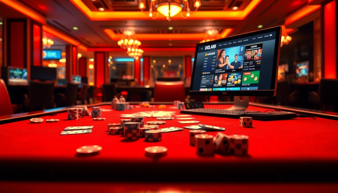 DOLA88 offers an exciting online casino experience with colorful chips and a sleek gaming interface.