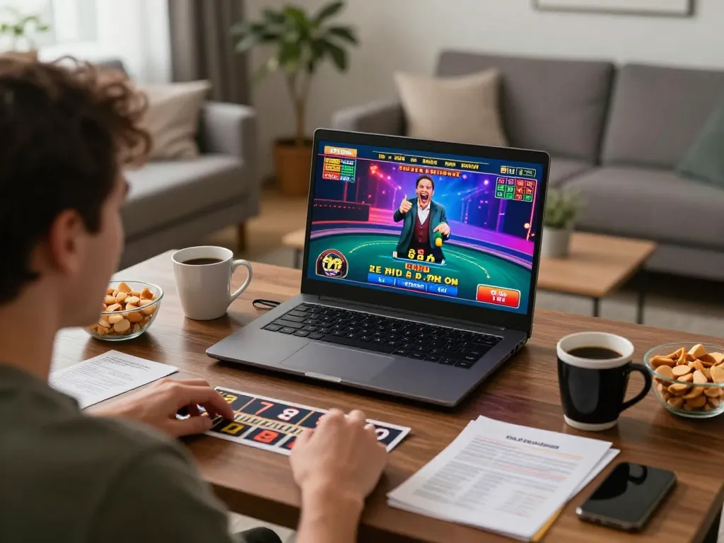 Player enjoying online casino gaming at home with o8's live dealer, showcasing excitement and strategic planning.