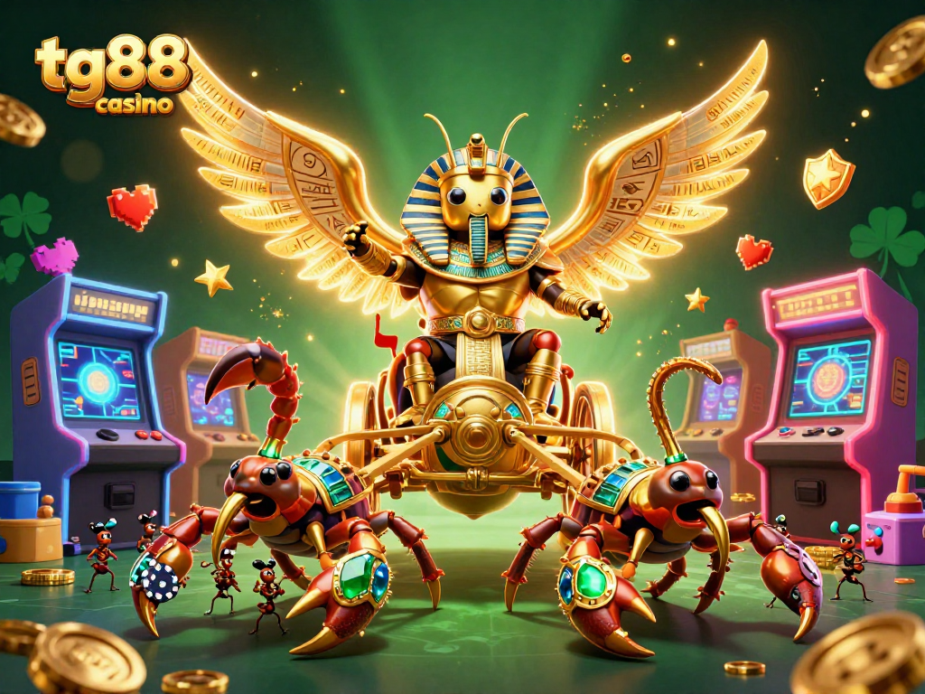 Engage with the vibrant tg88 -casino, featuring a golden scarab and scorpions amidst exciting gaming elements.