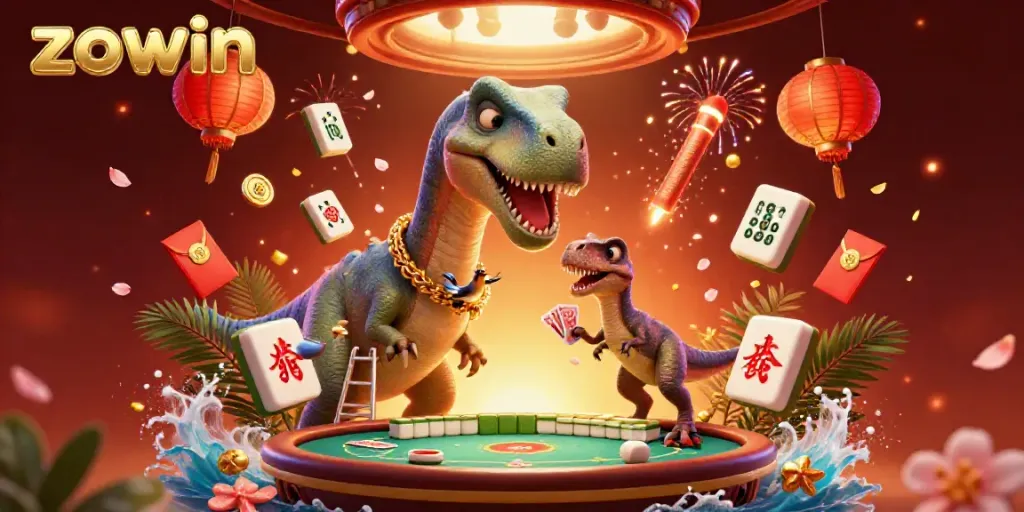 Zowin casino scene featuring a brontosaurus and raptor, vibrant gaming elements, and dynamic atmosphere.