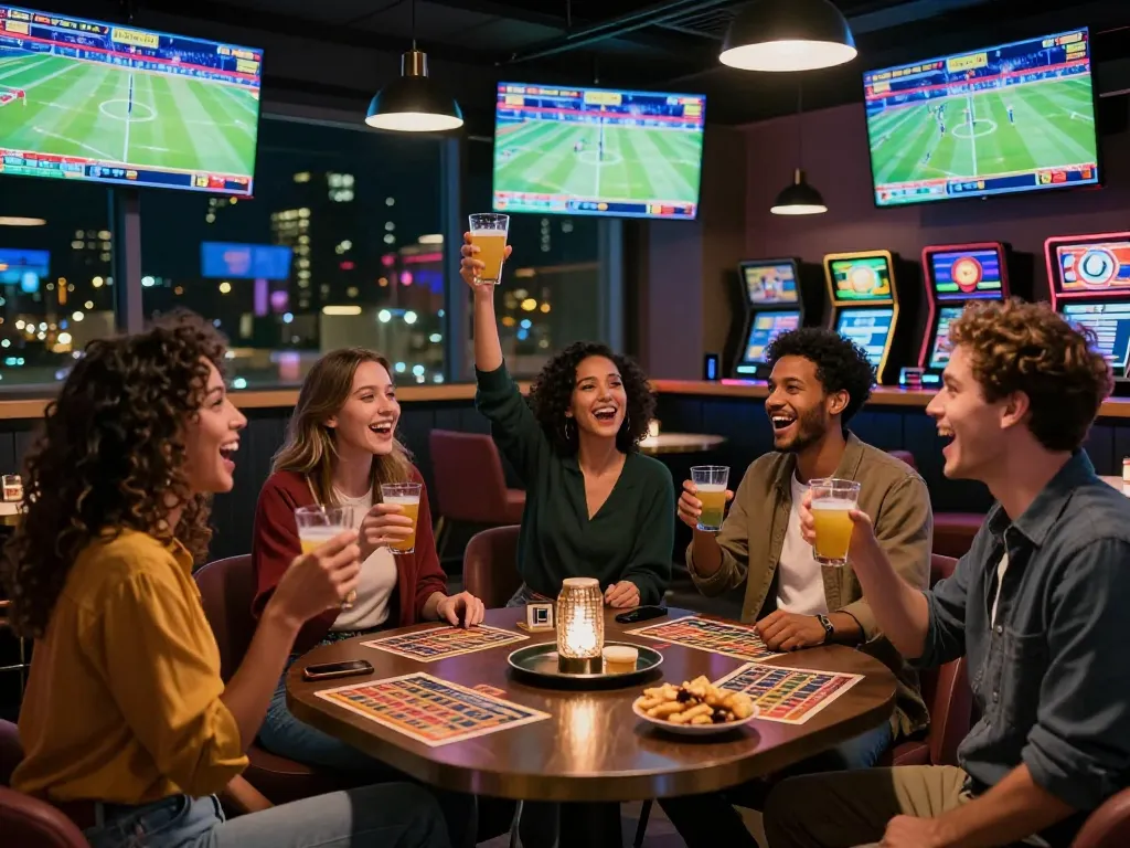 Friends celebrating a zbet win at a sports betting lounge with live games and drinks.
