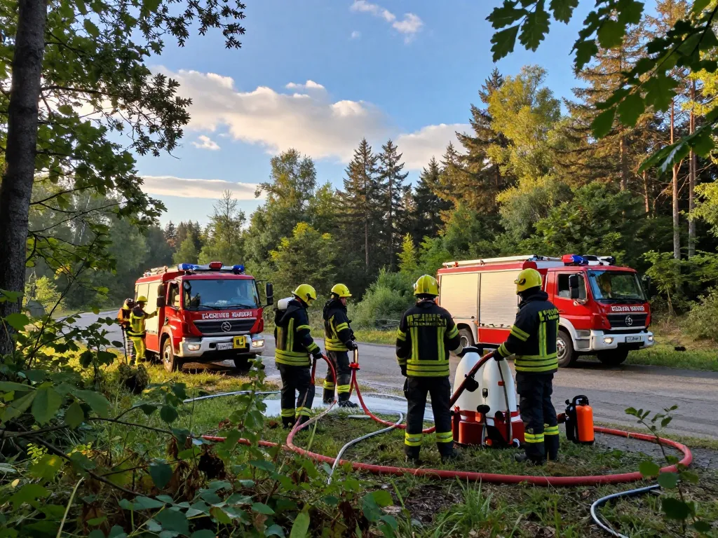 Feuerwehrprofis mit einem faltbaren Löschwasserbehälter für Waldbrand in einer Waldumgebung, die sich auf den Schutz vor Waldbränden vorbereiten.