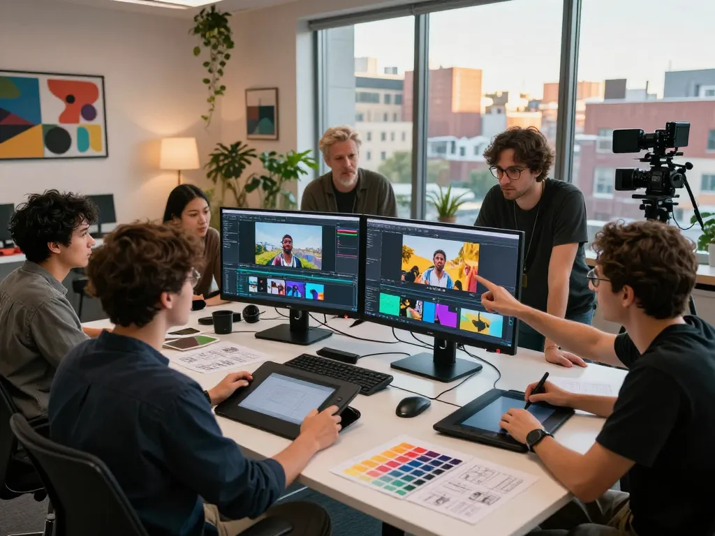 Free motion control video creation scene with diverse artists collaborating using advanced AI technology.