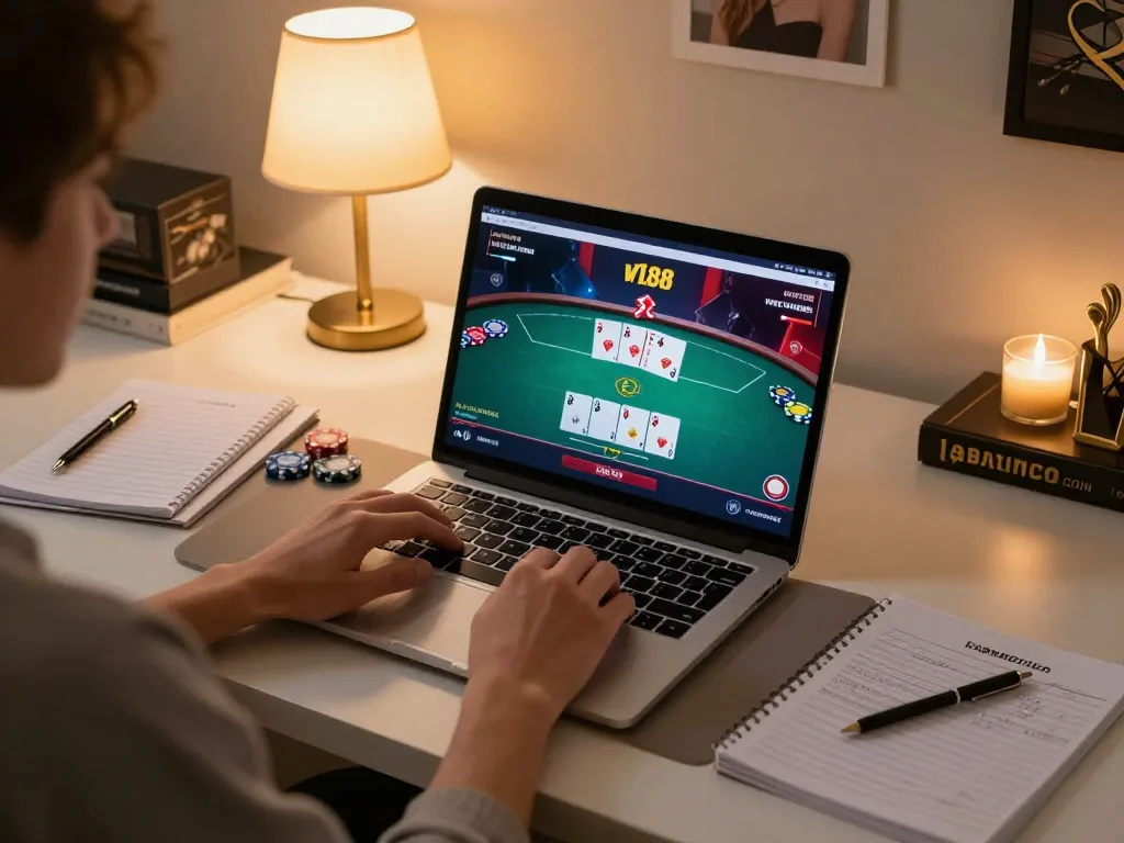 Player engaged in online gaming at w188 com, showcasing vibrant poker gameplay and strategic notes for successful betting.