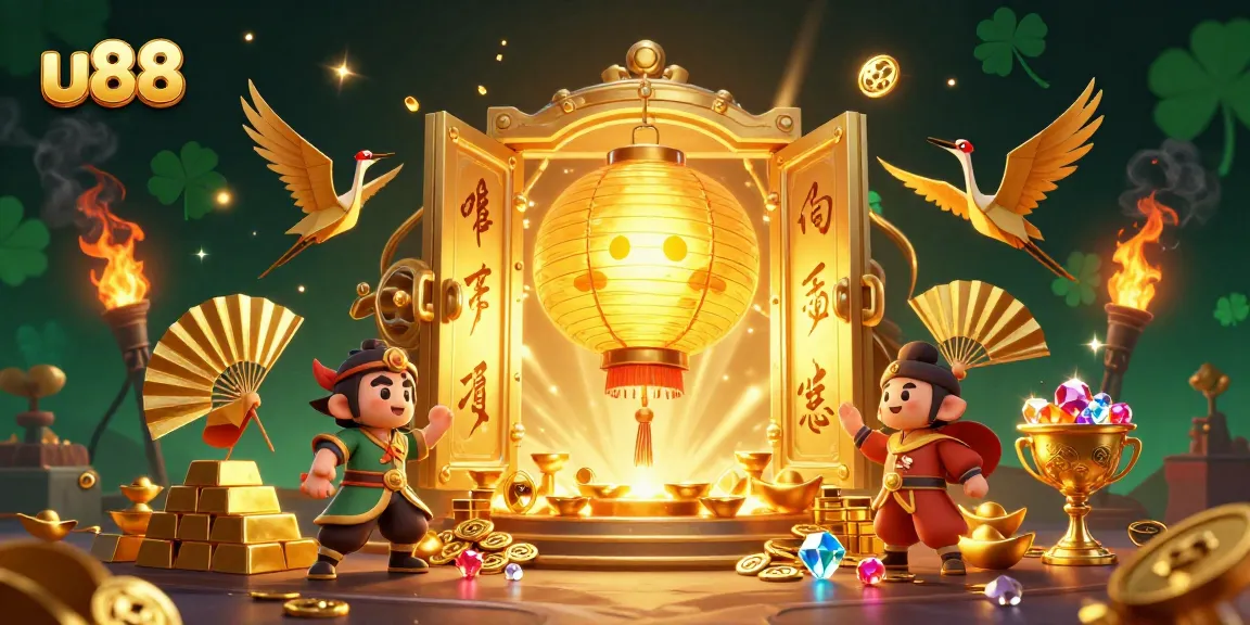 Engage with u88's vibrant gaming world featuring golden lanterns and spirits in a night market casino.