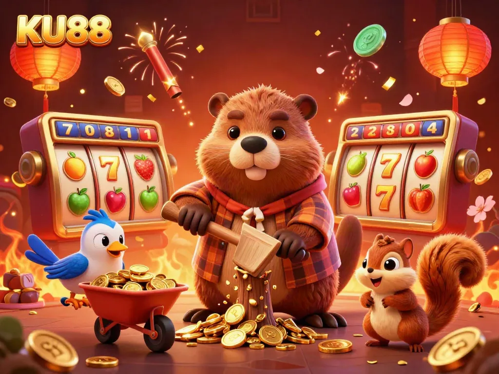 Experience the thrilling charm of KU88 with a lively scene featuring characters amidst vibrant slot machines and golden coins.