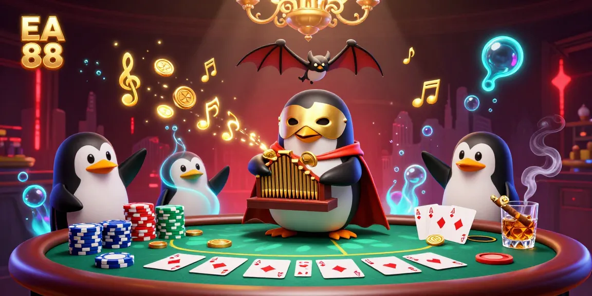 Experience exciting casino moments with EA 88's dynamic gaming scene featuring a penguin character.