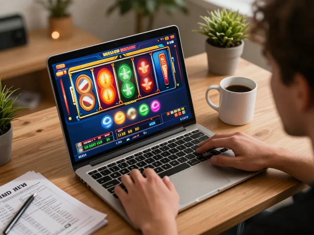 Spin colorful slot reels on a modern laptop during engaging online gaming session