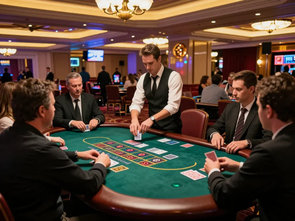 Engaged players at a blackjack table in an upscale casino, emphasizing strategic play at 3win.com