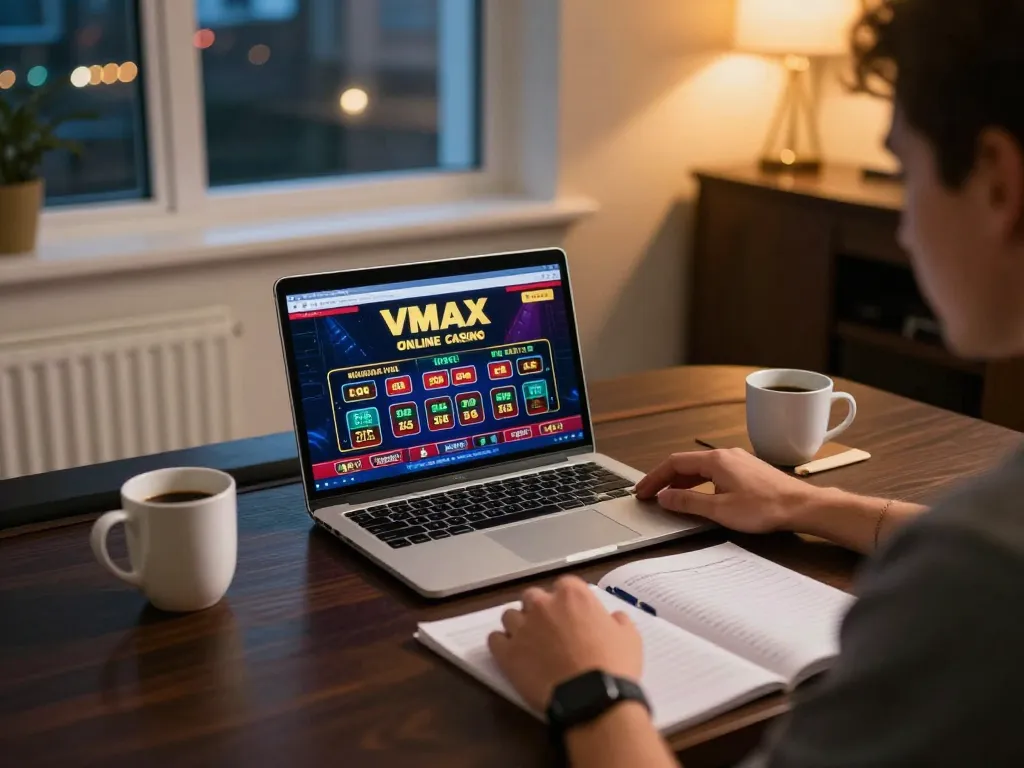 Engaging online casino session with VMAX interface, emphasizing responsible gambling and strategy.