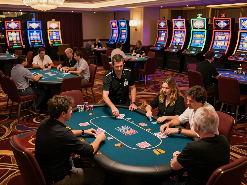 Players at LLWIN engaging in a thrilling poker game on an elegant casino floor.