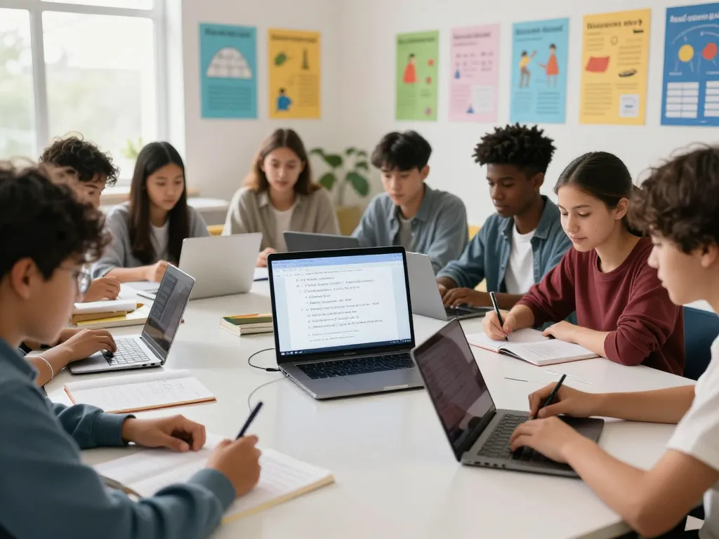 Schüler, die Hausaufgaben Löser online in einem hellen Lernraum mit KI-Hausaufgabenlösungen nutzen.