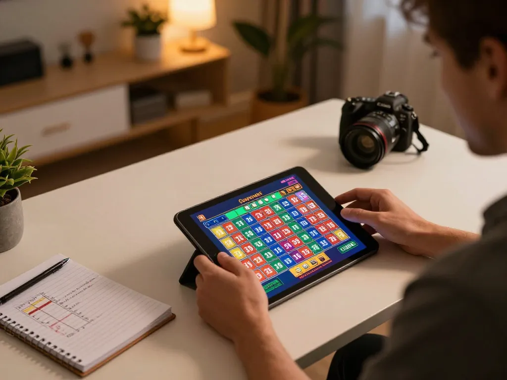 Engaging in giải mã số học lottery strategies using a tablet in a cozy home setup.