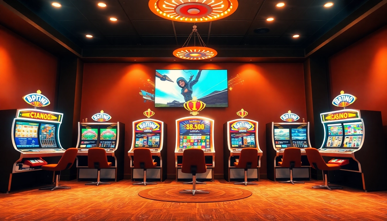 Spiele im online casino ohne anmeldung mit leuchtenden Spielautomaten auf einem stilvollen Hintergrund.
