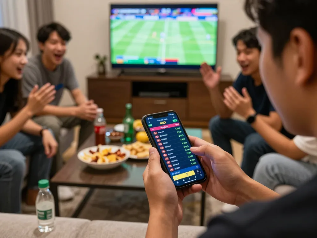 Engaging sports betting moment with ty le keo nha cai displayed on smartphone during an exciting game night