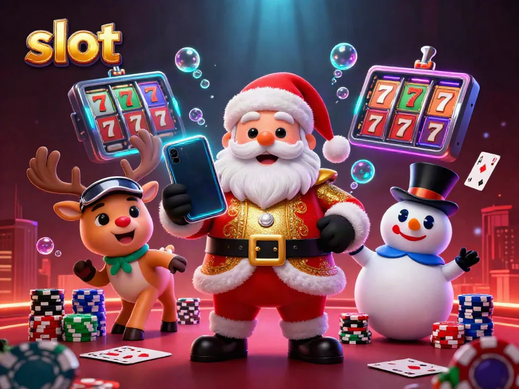 Experience the thrill of slots with Santa and friends in this vibrant casino scene.