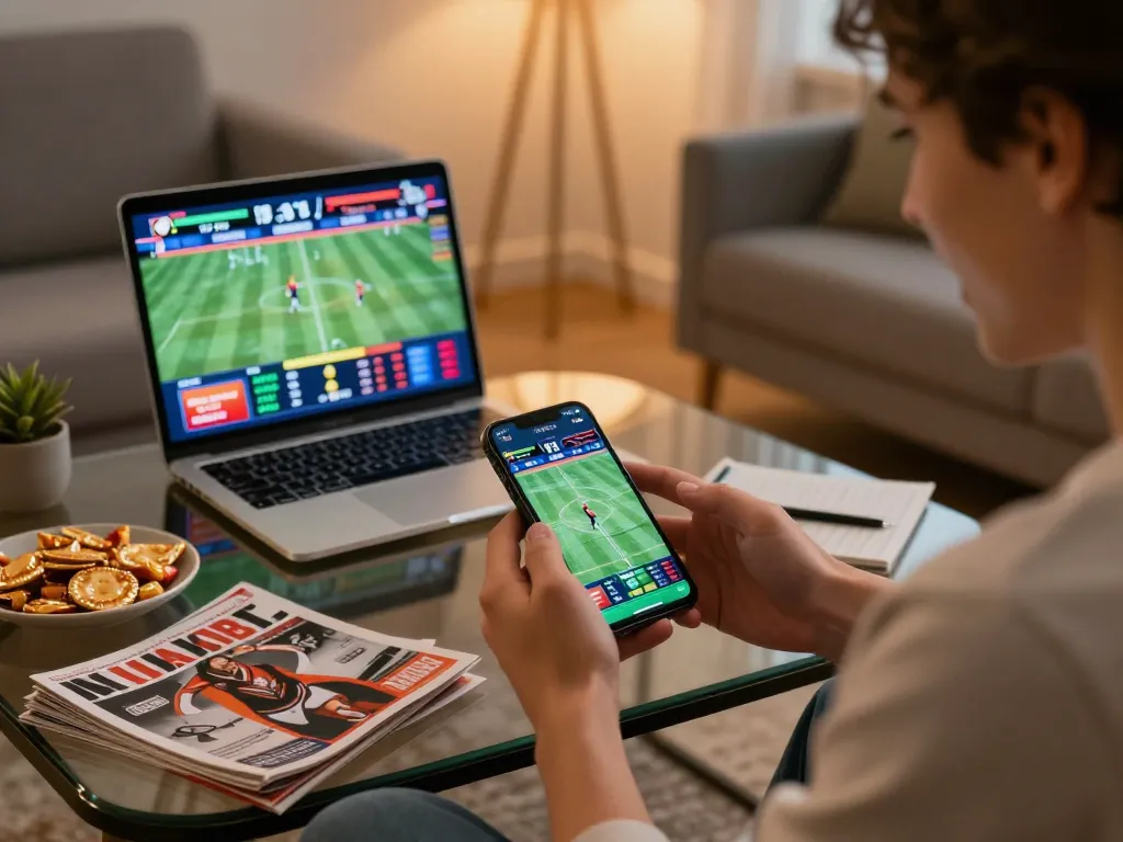 Person engaging in online sports betting with cm88 app on smartphone and vibrant sports displays