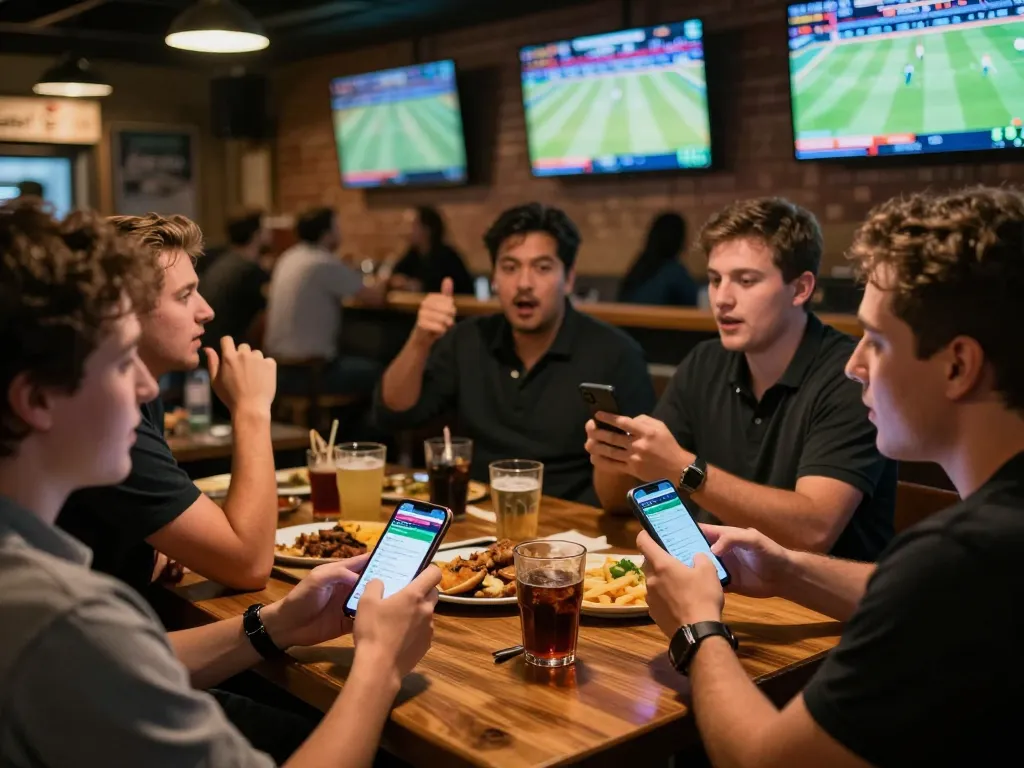 Live sports betting excitement at https://lucky88at.com/, customers engaged with screens and betting apps.