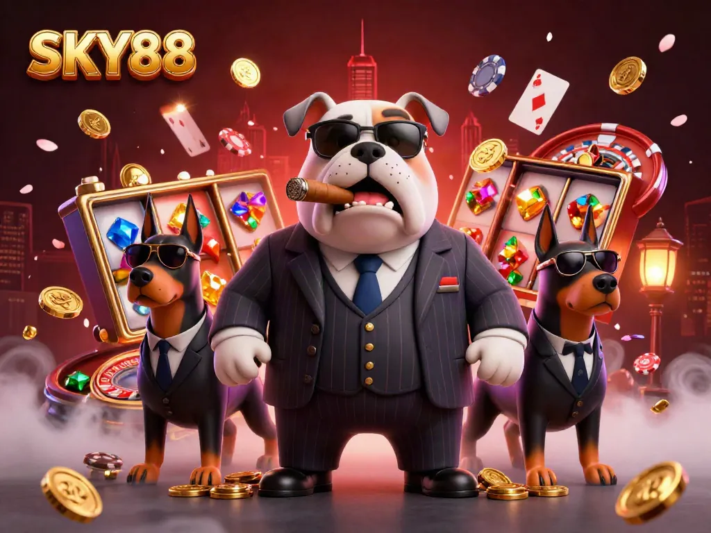 Experience the thrilling casino atmosphere with SKY88's animated characters and vibrant gaming elements.
