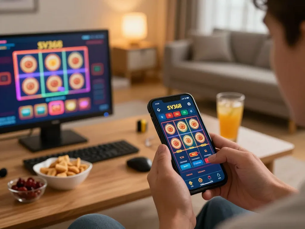 Person engaging with the SV368 app on a smartphone in a cozy home setting during online gaming