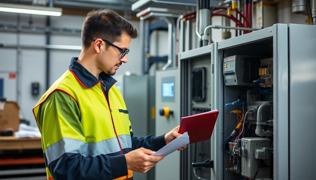 Electrician performing a DGUV V3 Prüfung on electrical devices, ensuring workplace safety and compliance.