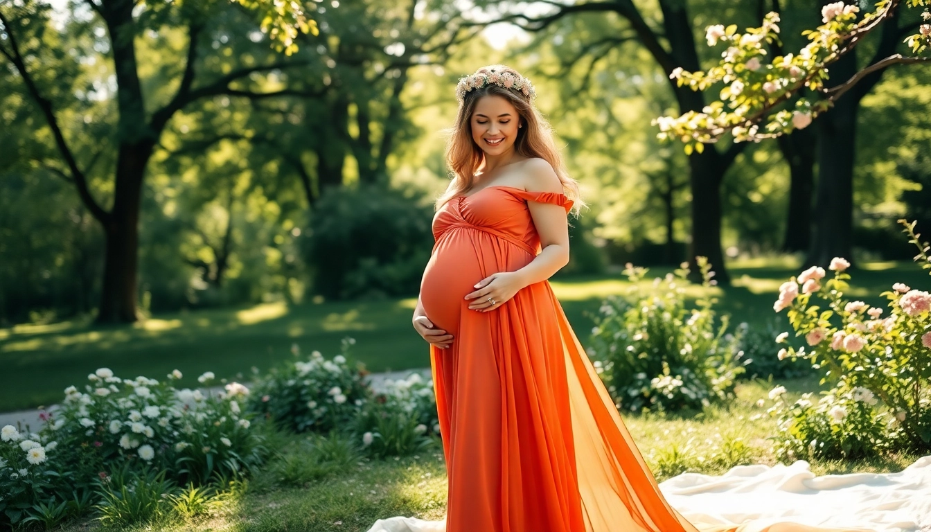 Babybauch Shooting München mit werdender Mutter in blühendem Park.