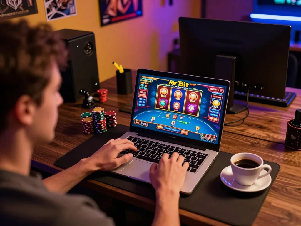 Engagieren Sie sich in einer Mr Bit Login-Sitzung auf einem Laptop mit lebhaften Casino-Spielanzeigen