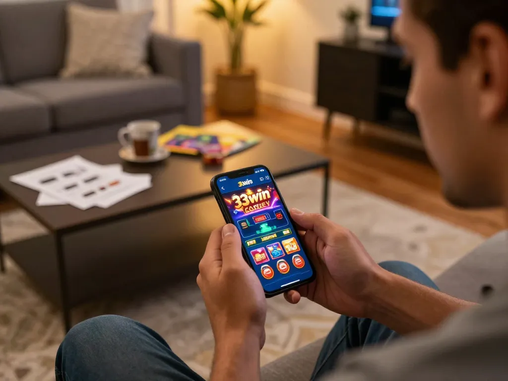 Player enjoying the 33win casino app on a smartphone in a cozy setting.