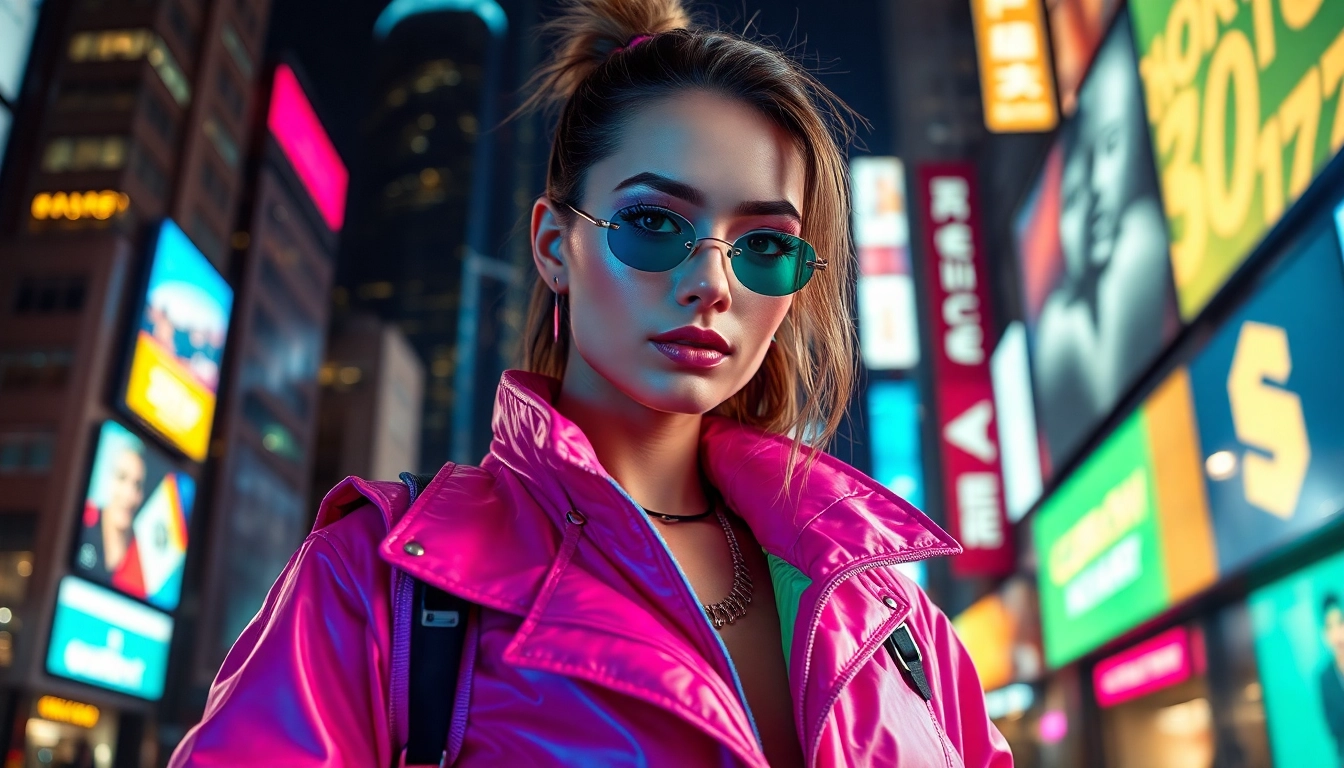 Kreatives cyberpunk apparel in einem urbanen Nachtsetting mit Neonlichtern und futuristischen Details.