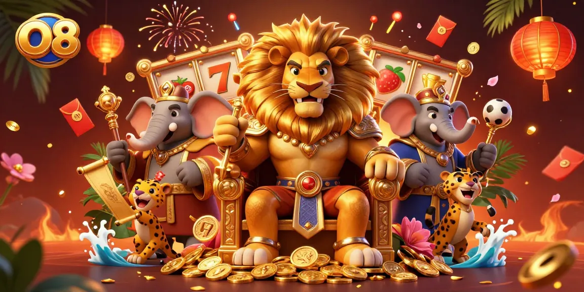 O8's fierce lion king commands a vibrant casino scene with slots, sports, and festive decorations.