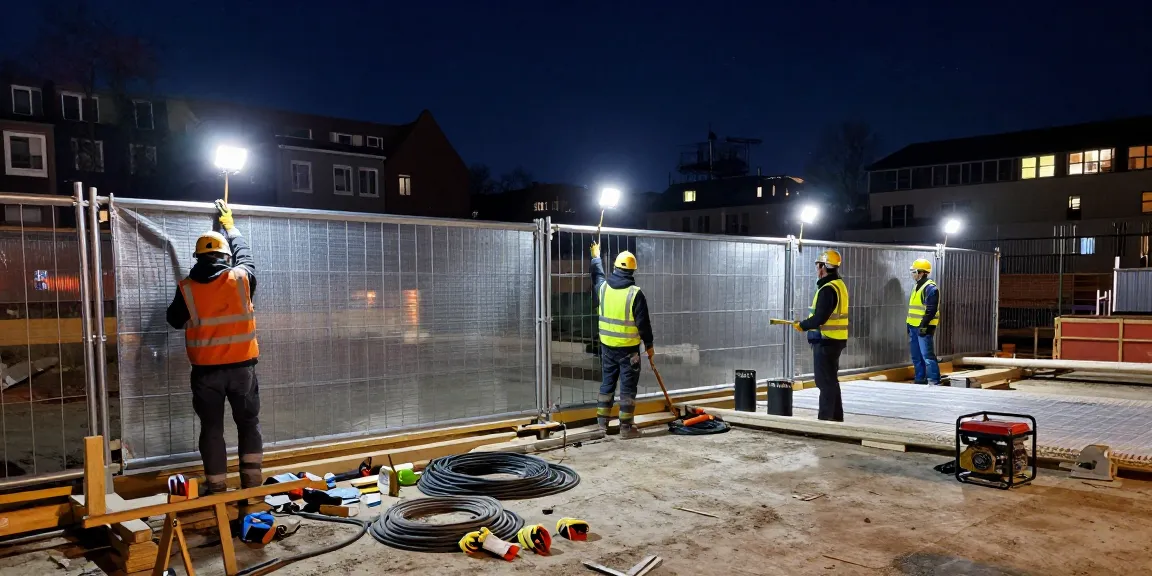 Installation von Bauzaun Schallschutzmatten für Nachtarbeiten auf einer Baustelle mit Scheinwerferlicht.
