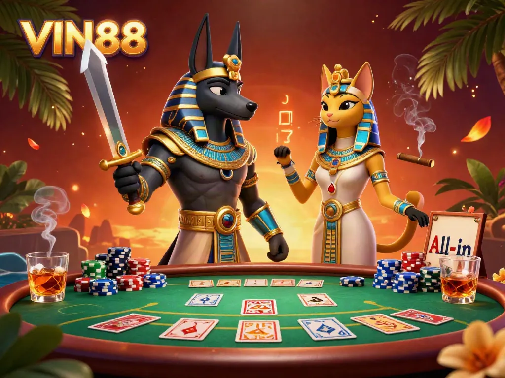 Experience thrilling gameplay with VIN88, featuring Anubis and Bastet in a vibrant poker scene.