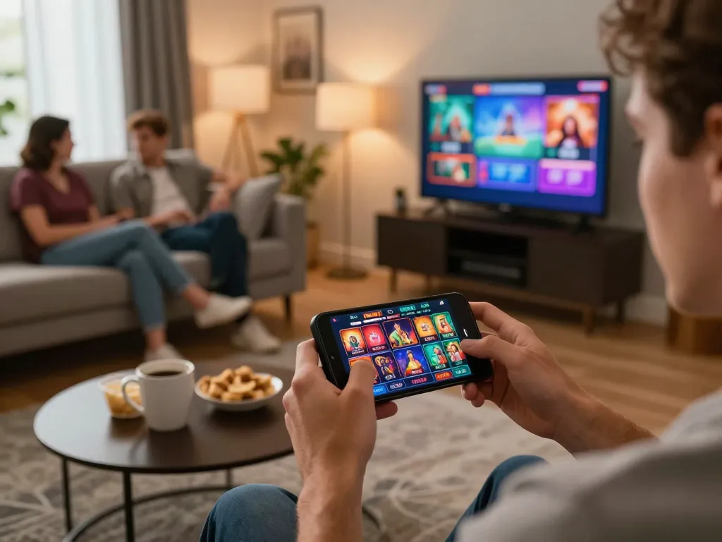 Player engaging in online gaming at go86vn, with smartphone displaying vibrant casino games surrounded by a cozy setting.