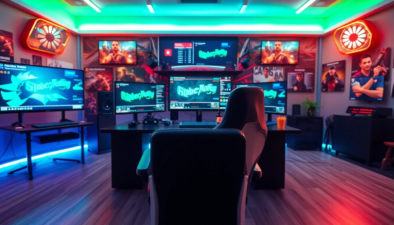 Aktuelle Gaming News in modernem Gaming-Büro mit mehreren Bildschirmen und dynamischem Licht.