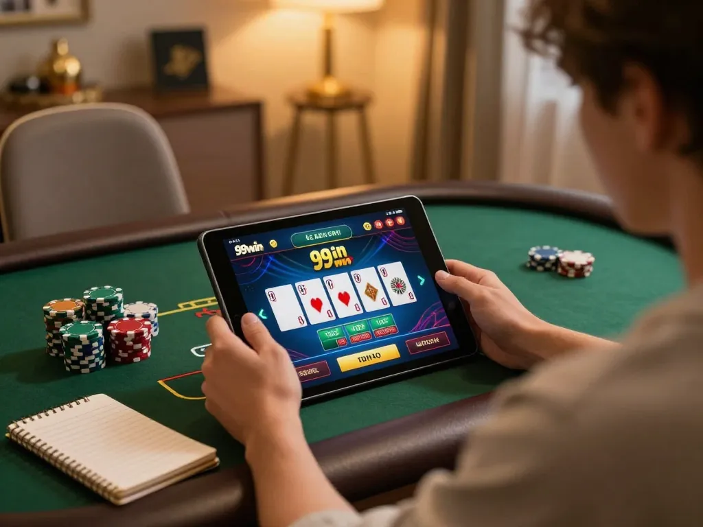 Player exploring the 99win casino app on a tablet, highlighting an engaging online gaming experience.