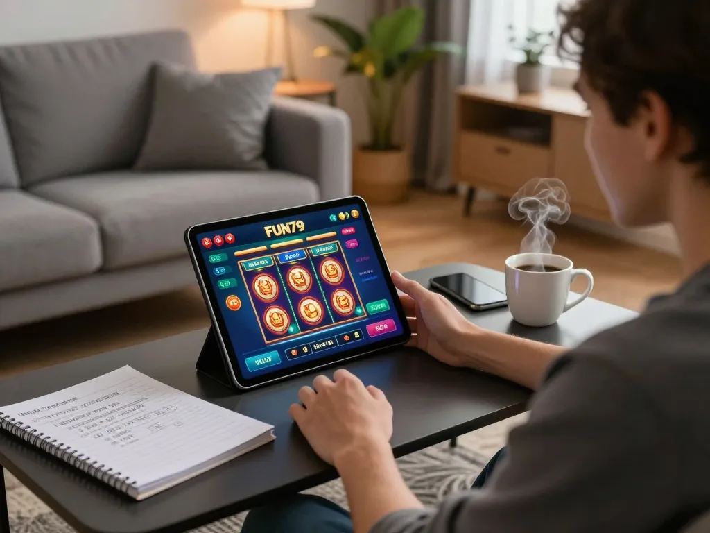 Gamer enjoying fun79 casino app on tablet in a cozy living room with strategic notes.