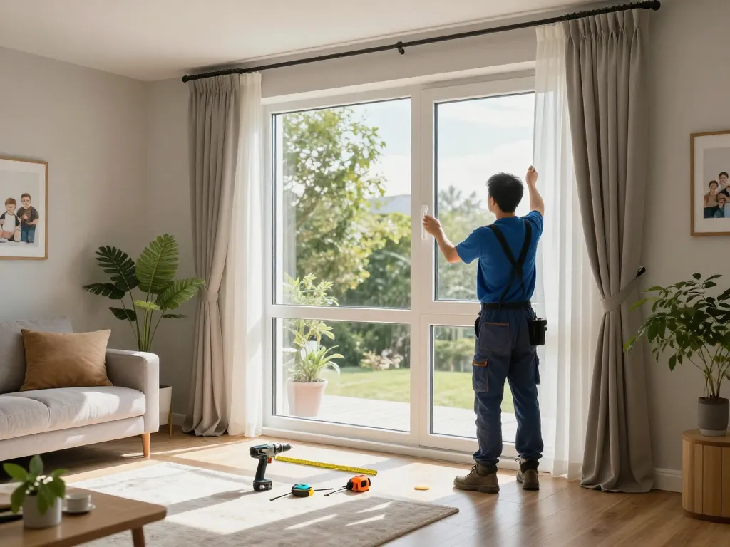 Installateur, der Fenster Schüco in einem modernen Wohnzimmer mit natürlichem Licht einbaut.