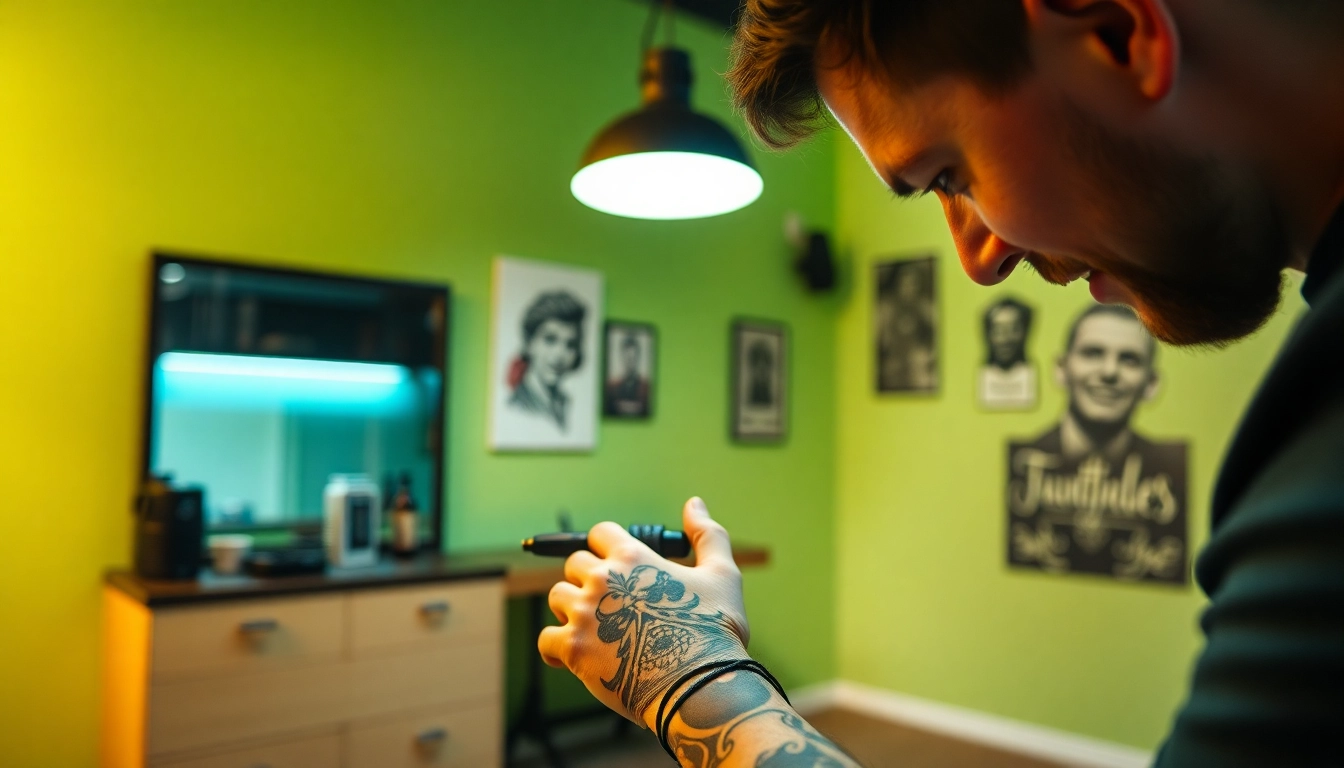 Tätowierer bei der Arbeit in einem Tattoo Studio München, kreativ und professionell, inspirierende Atmosphäre.