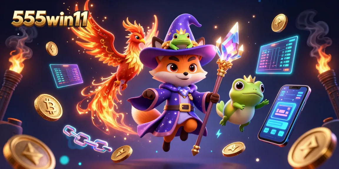 Engage with exciting 555win11 gameplay featuring a wizard, a phoenix, and vibrant casino elements.