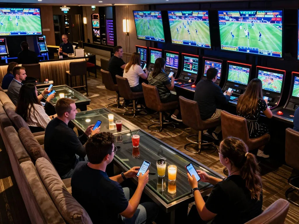 Engaging sports fans reviewing kèo nhà cái in a modern betting lounge with vibrant atmosphere.