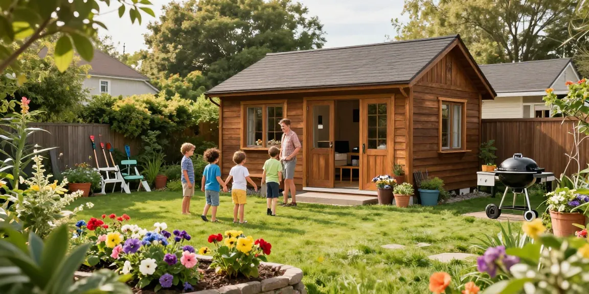 Gartenhäuser aus Holz in einem blühenden Garten mit Familie und Spielzeugen.