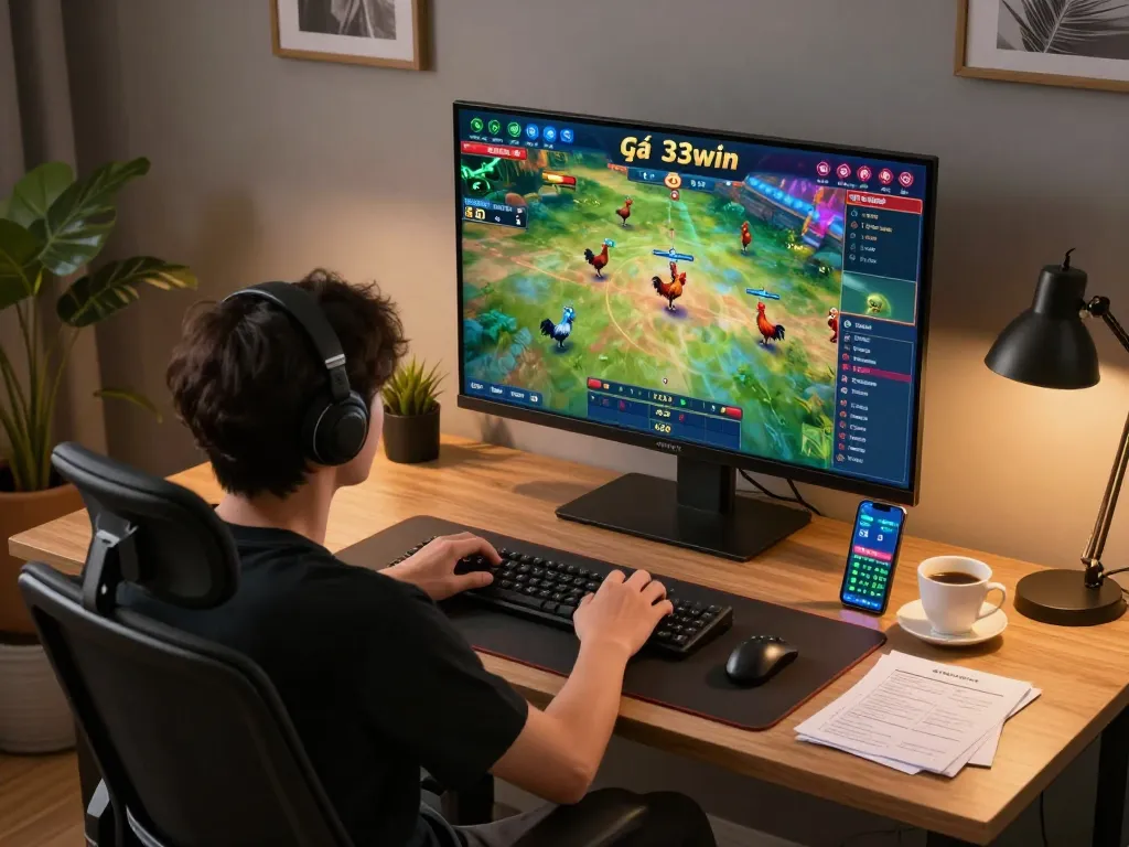 Engaging scene of online đá gà 33win gameplay, highlighting dynamic betting interface on a computer screen in a cozy gaming setup.