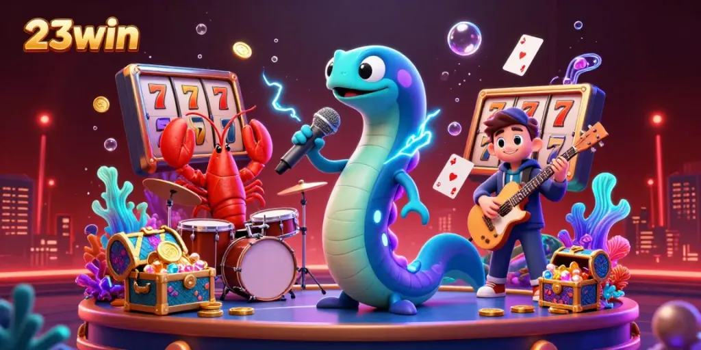 Experience the excitement of 23win with vibrant underwater casino slots and musical characters.