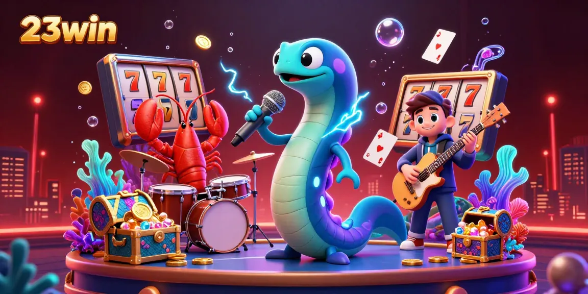 Experience the excitement of 23win with vibrant underwater casino slots and musical characters.
