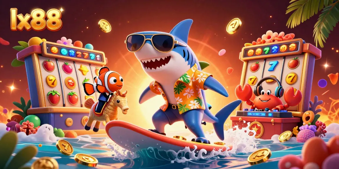 Engage with lx88, featuring a shark and friends in a thrilling casino environment with gold coins and slot reels.