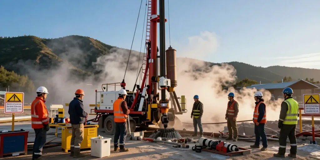 Geothermie Bohrung: Ingenieure führen Bohrungen in einem malerischen geothermalen Gelände durch.