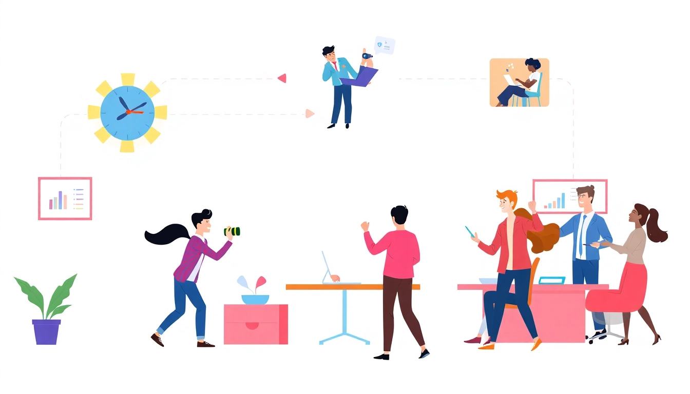 Creating engaging Unternehmensanimation with dynamic visuals and teamwork in a vibrant design style.