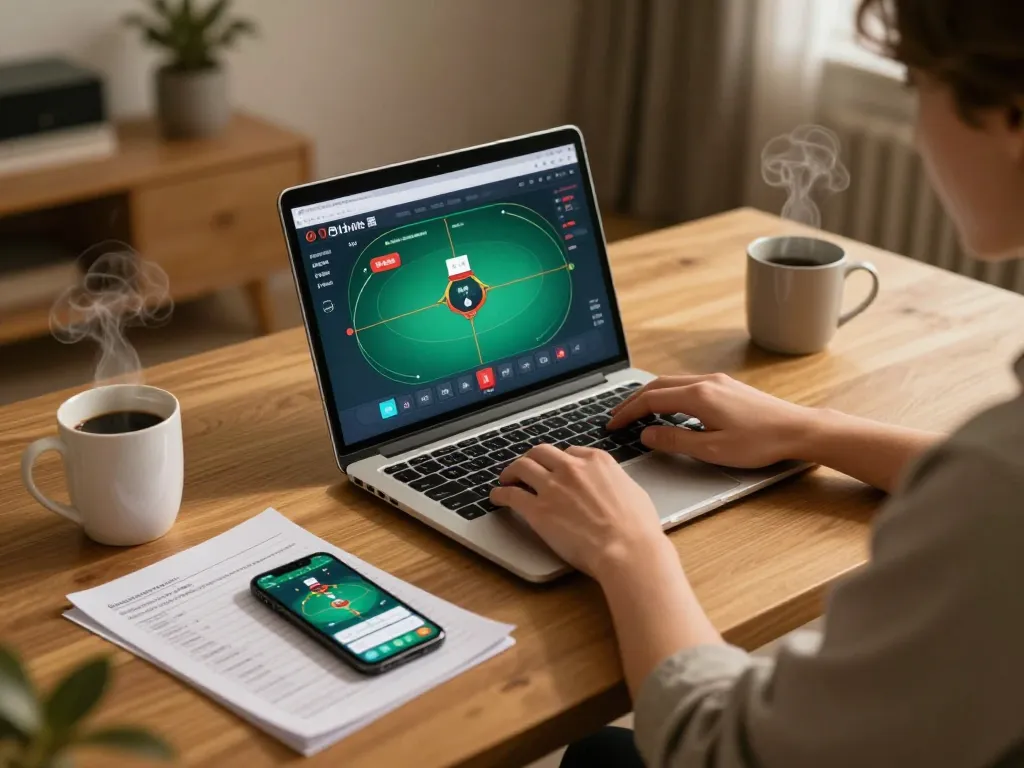 Engaged player experiencing qq88 khuyến mãi while strategizing poker gameplay at home.